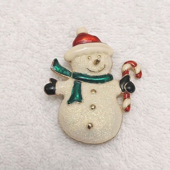 Vintage Pin Brooch Christmas Snow Man Gold Enamel 1 1/2"x 2" #J313 - Picture 1 of 2
